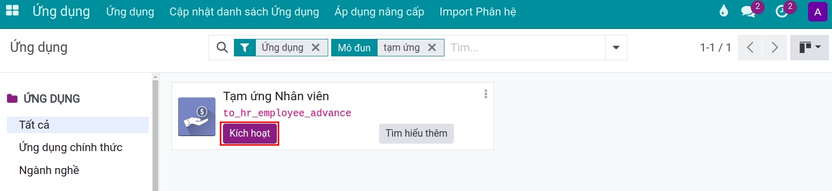 Cài đặt ứng dụng Tạm ứng Nhân viên