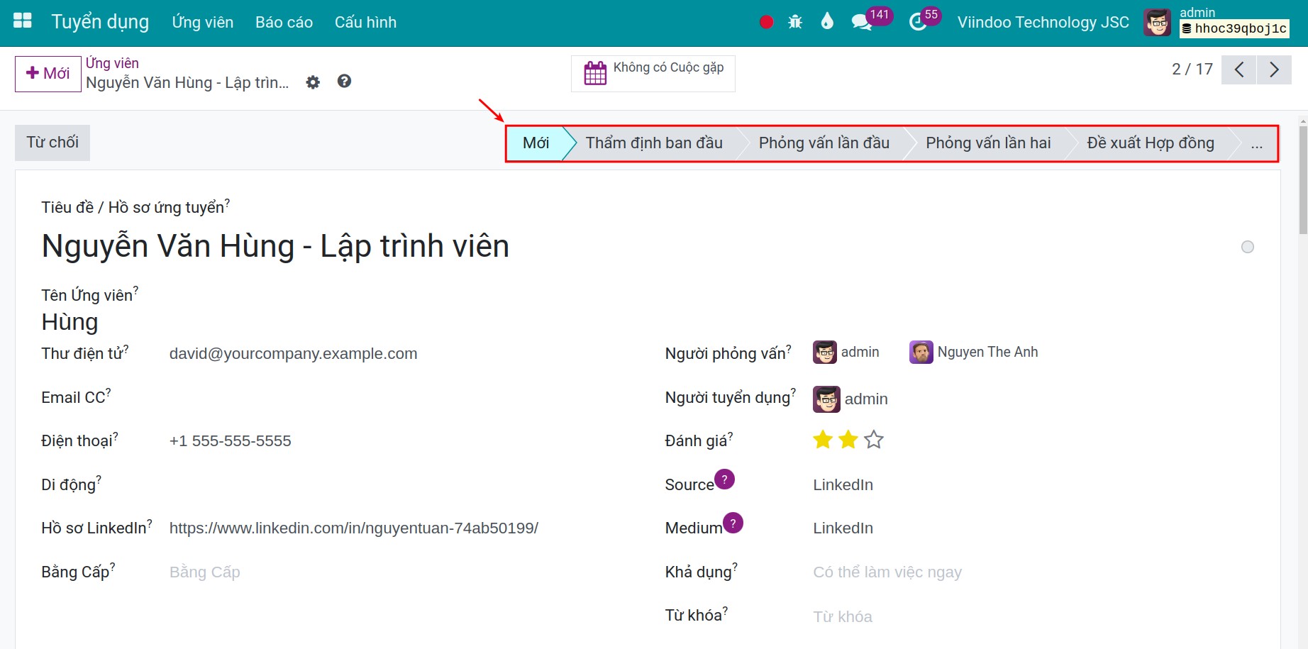 Chuyển giai đoạn hồ sơ ứng viên trên giao diện ứng viên