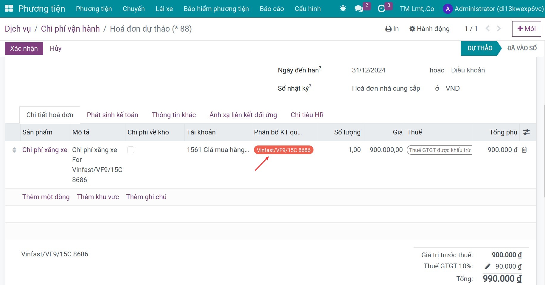Create vendor bill to record vendor debts