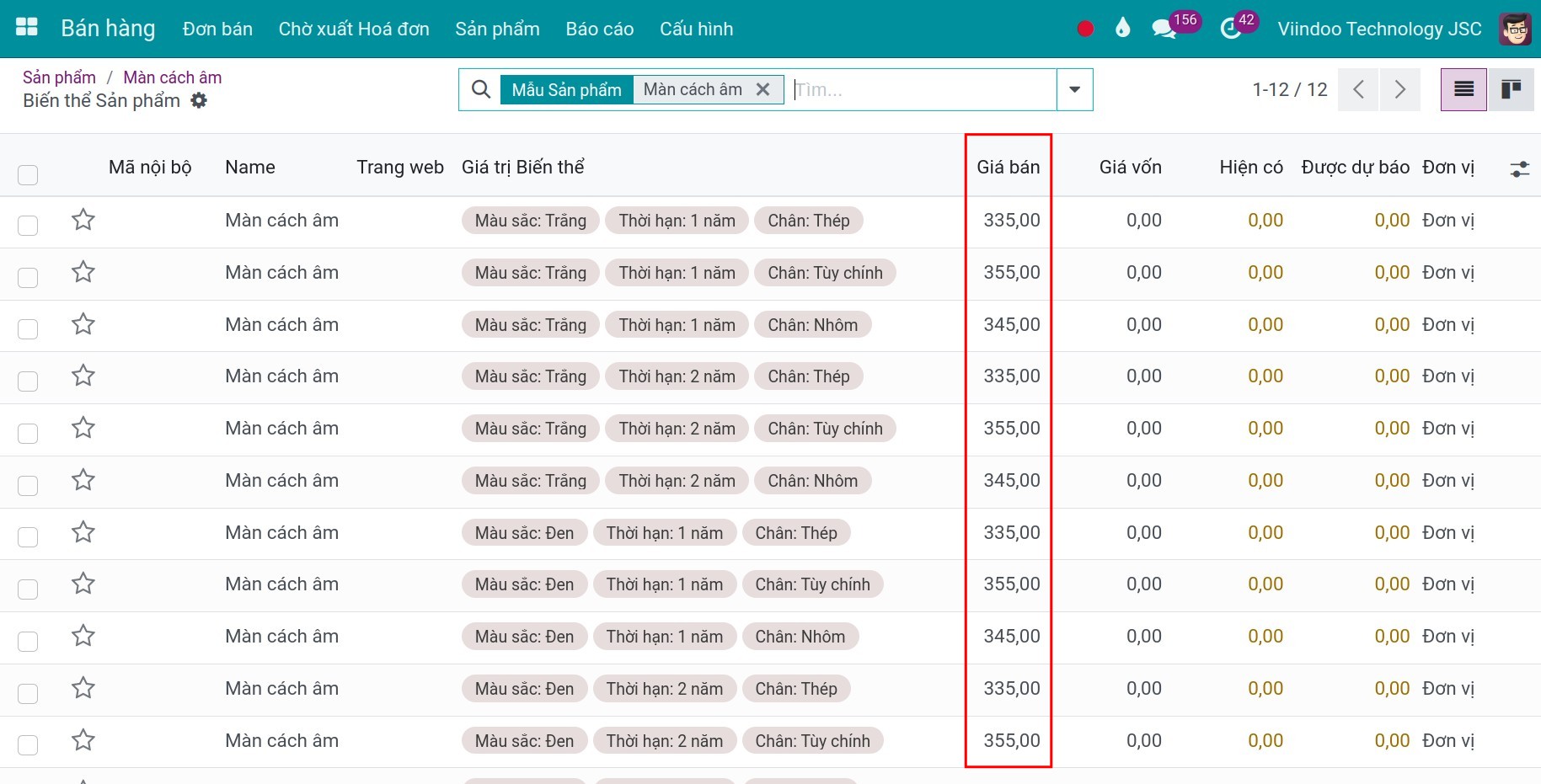 Giá bán biến thể sản phẩm - Viindoo