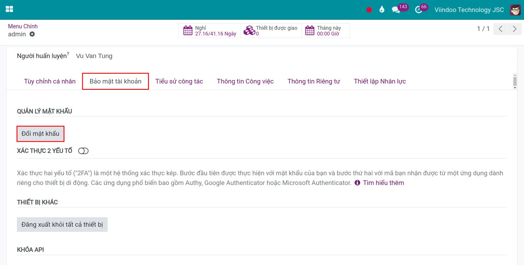 Đổi mật khẩu trong Viindoo