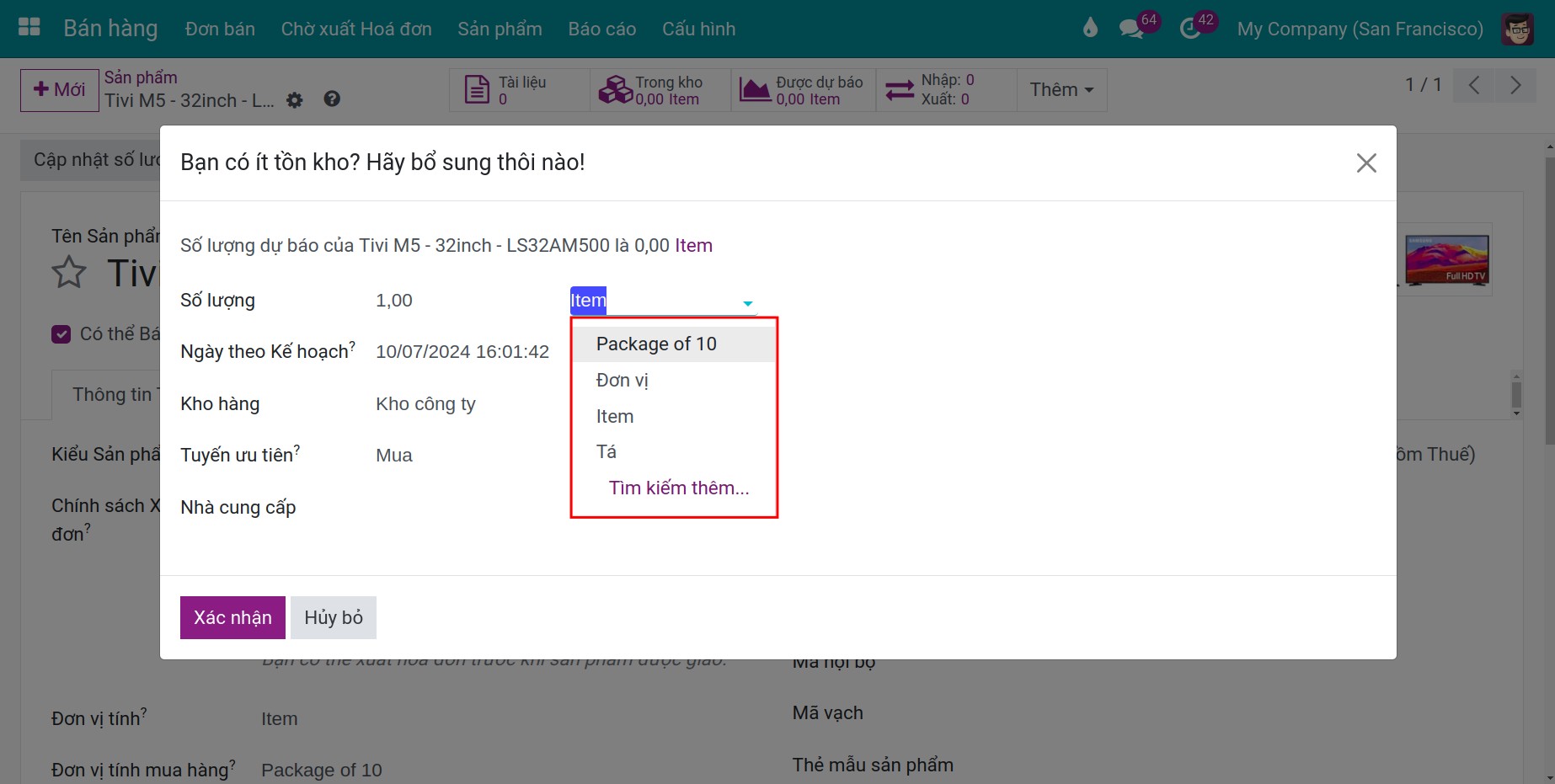 Chọn đơn vị tính khi Tái cung ứng thủ công trên sản phẩm trong Phần mềm quản lý Kho vận của Viindoo