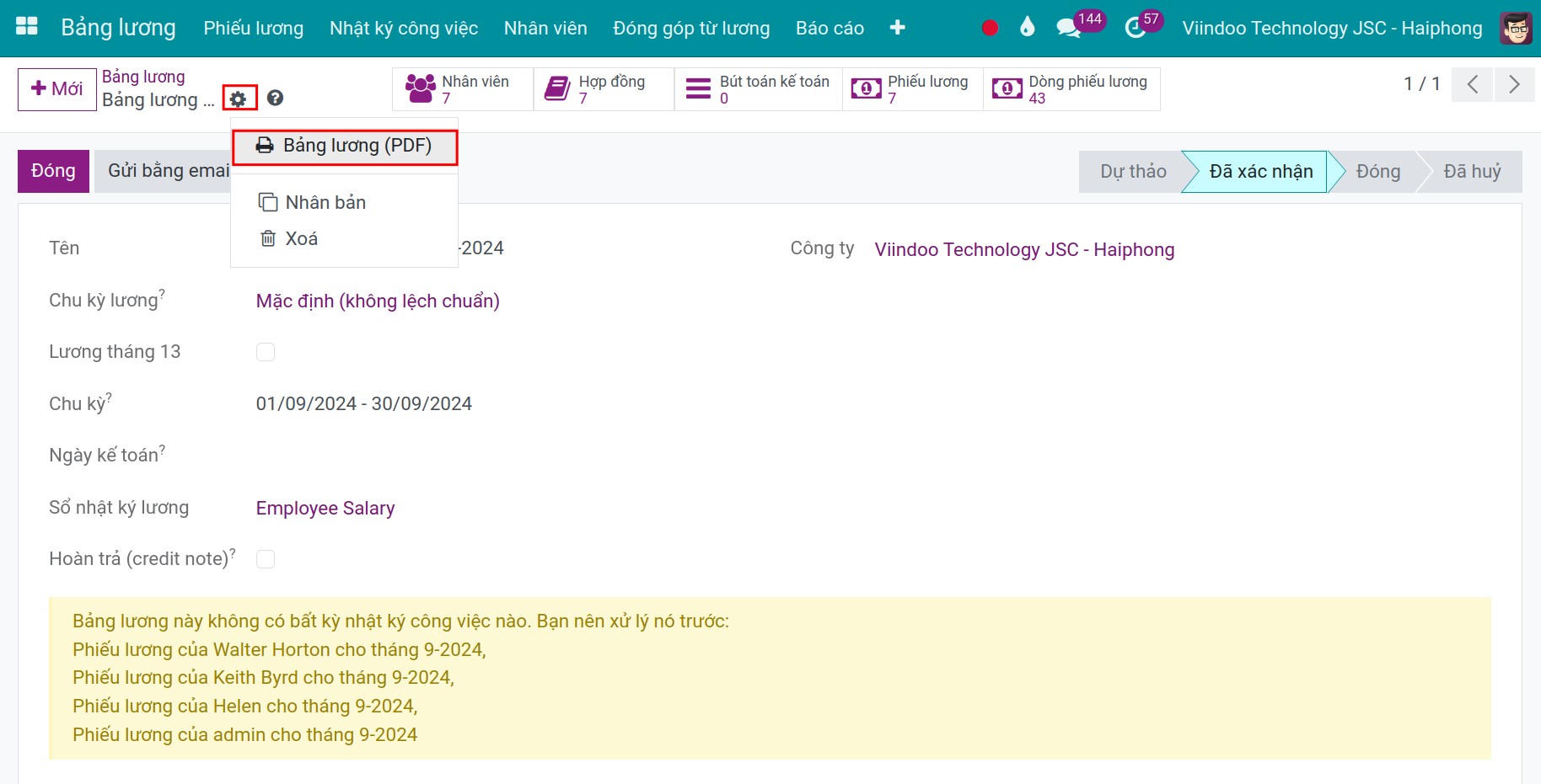 In bảng lương dạng PDF - Phần mềm quản lý tính lương Viindoo