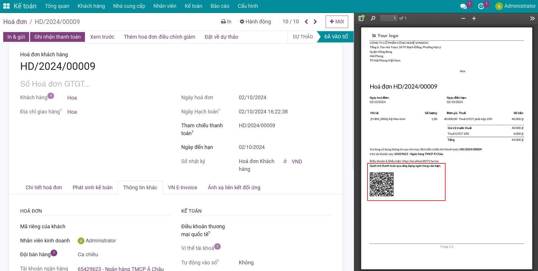 EMV QR code trong phần mềm Viindoo