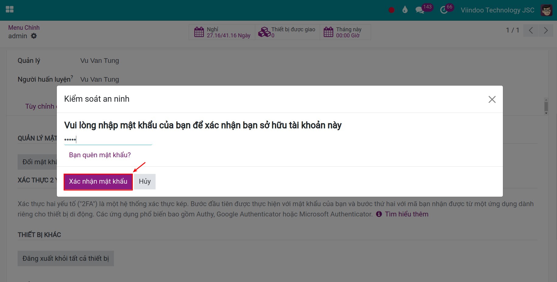 Nhập mật khẩu cũ trong Viindoo