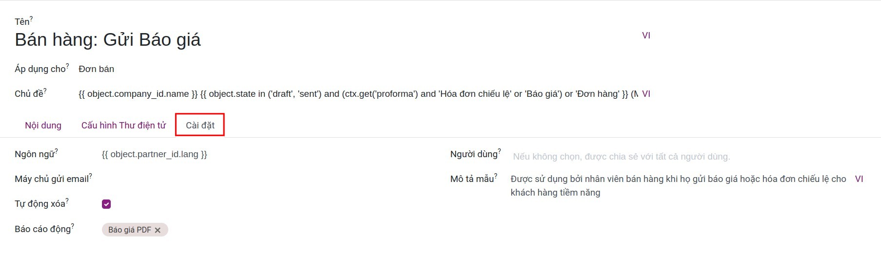 Tab Cài đặt