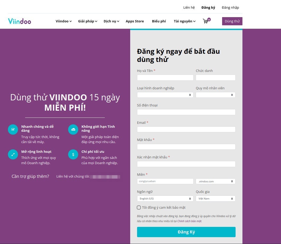 Tạo nhanh hệ thống dùng thử từ trang Biểu phí