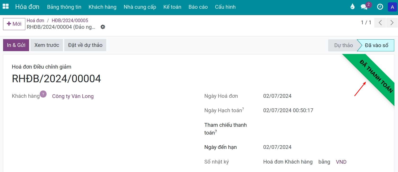 Trạng thái hóa đơn điều chỉnh giảm - kế toán Viindoo