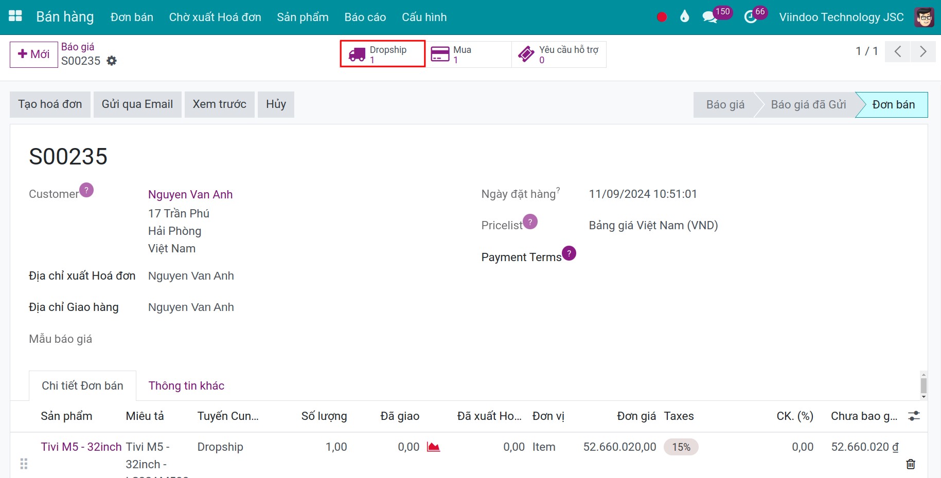 Xem phiếu vận chuyển tại đơn bán