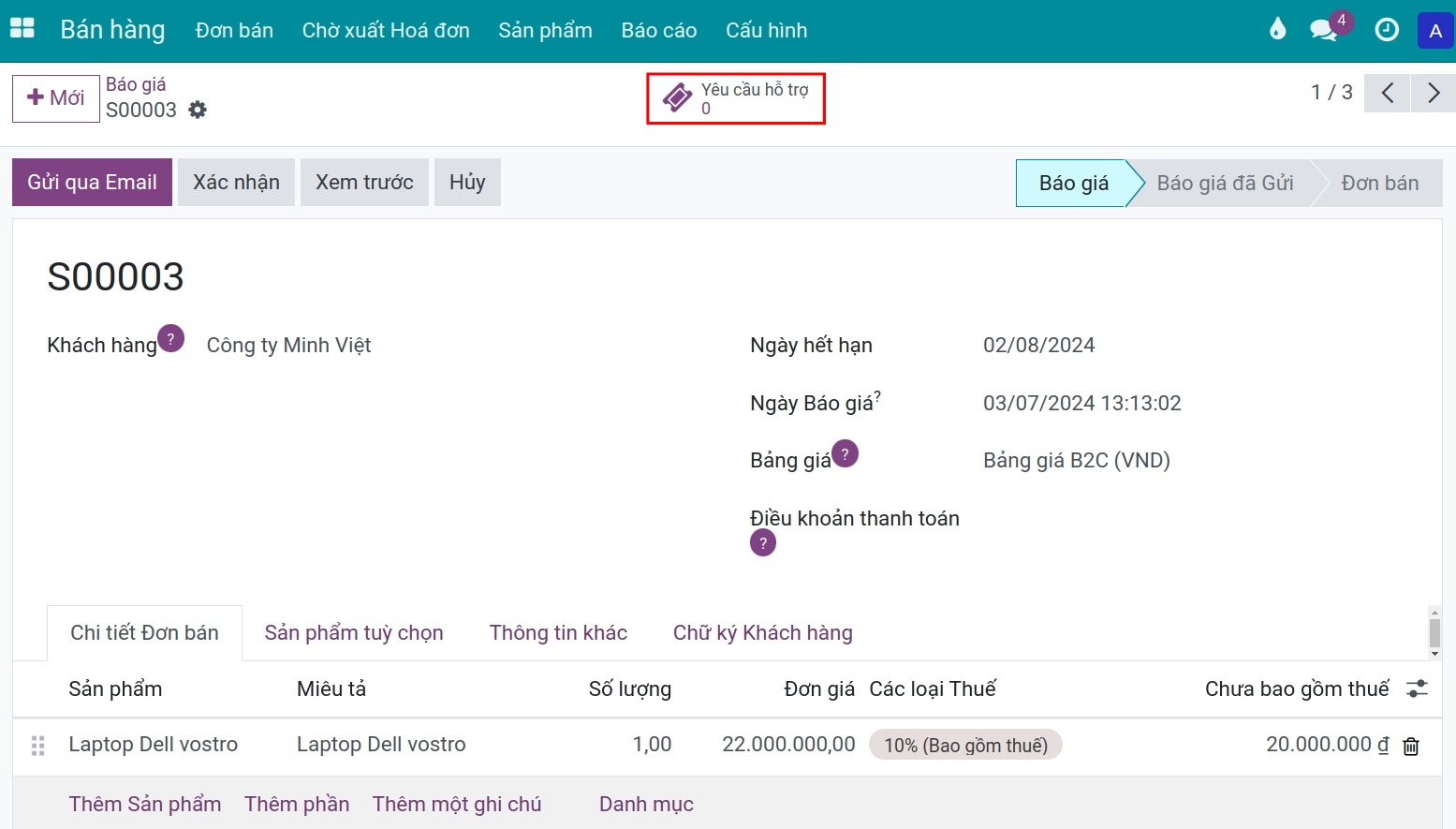 Chi tiết báo giá tại ứng dụng Bán hàng Viindoo