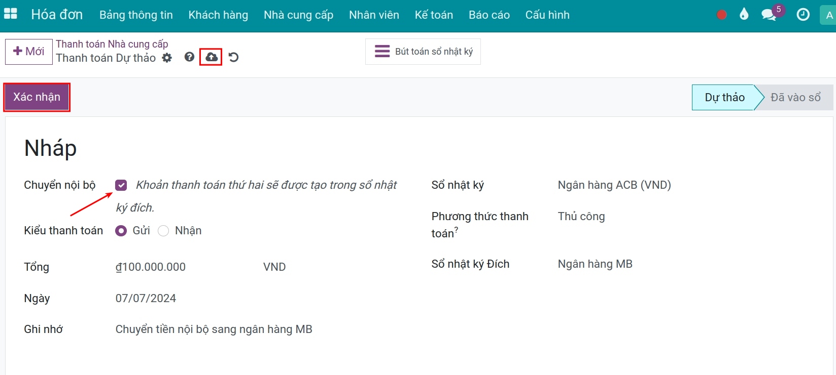 Chuyển tiền nội bộ - Nhận tiền - Phần mềm kế toán Viindoo