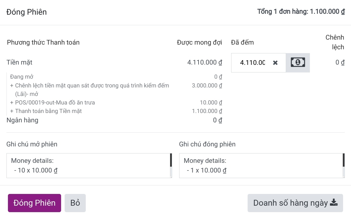 Ghi chú thống kê số tiền mặt