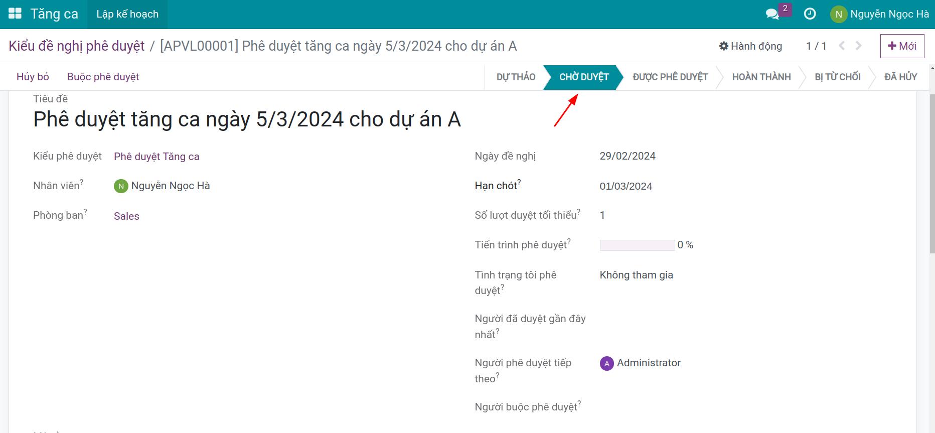 Phiếu đề nghị ở trạng thái Chờ duyệt