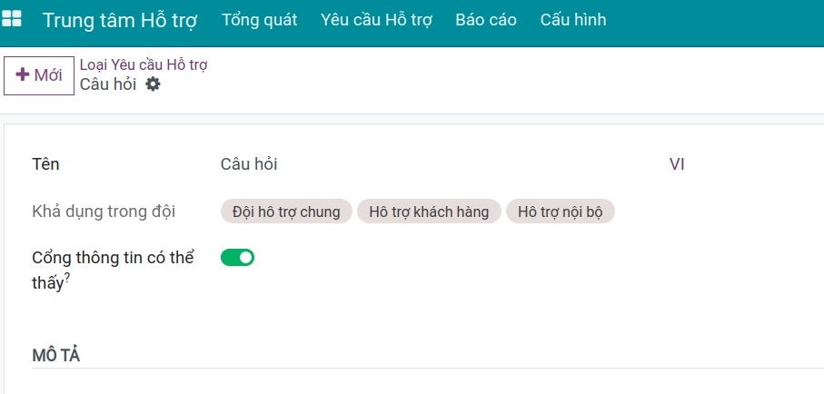 Chi tiết loại yêu cầu hỗ trợ Viindoo