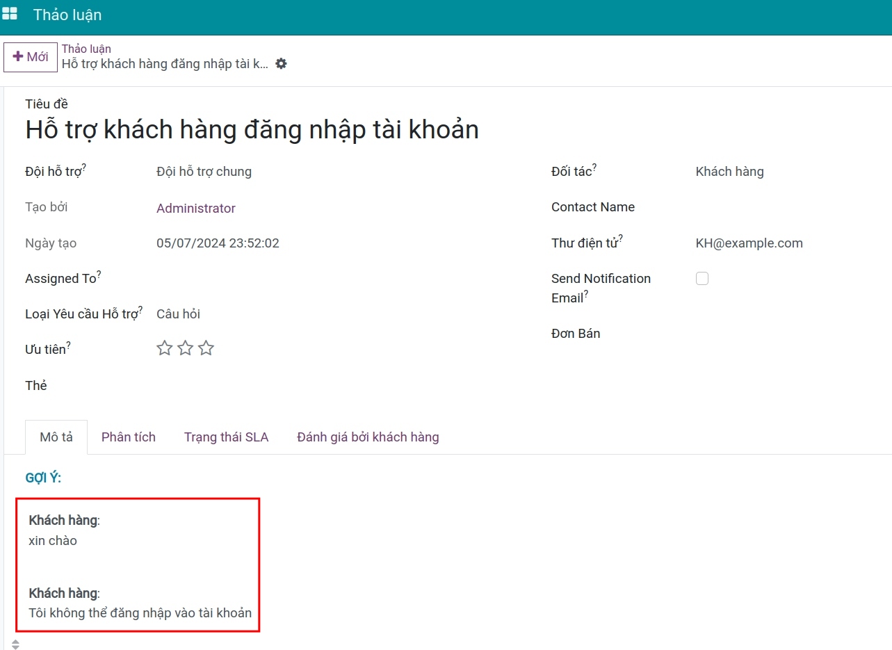 Chi tiết yêu cầu hỗ trợ từ chat trực tuyến Trung Tâm Hỗ Trợ Viindoo