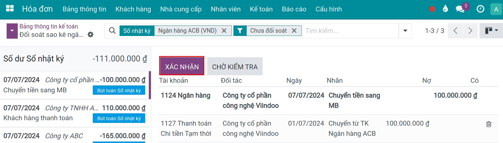 Đối soát ngân hàng gửi tiền - Phần mềm Kế toán Viindoo