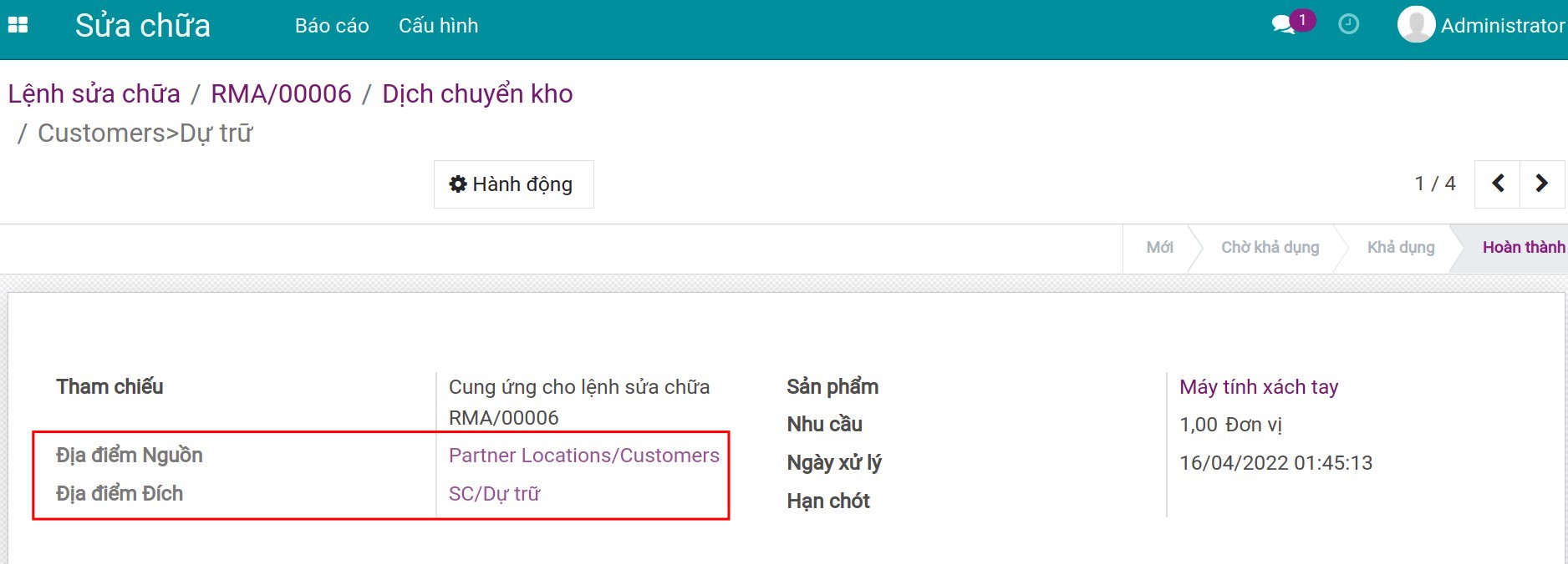 Dịch chuyển sản phẩm hỏng tư kho khách hàng về kho sửa chữa.