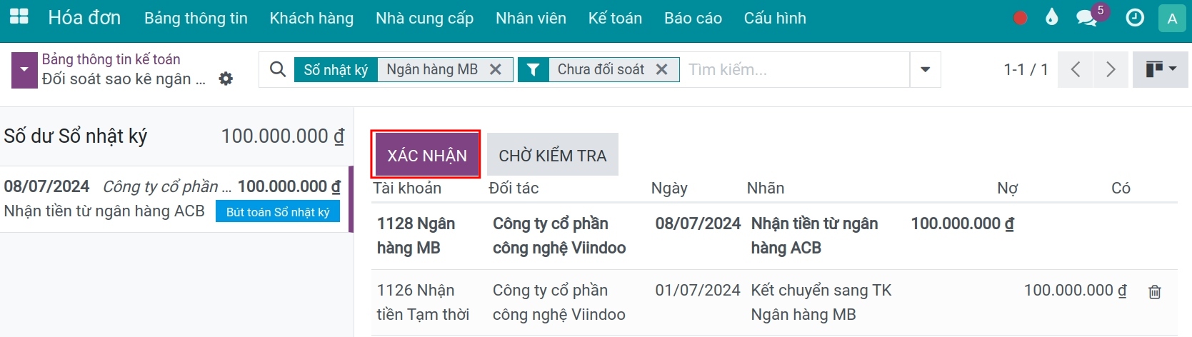 Đối soát ngân hàng nhận tiền - Phần mềm Kế toán Viindoo