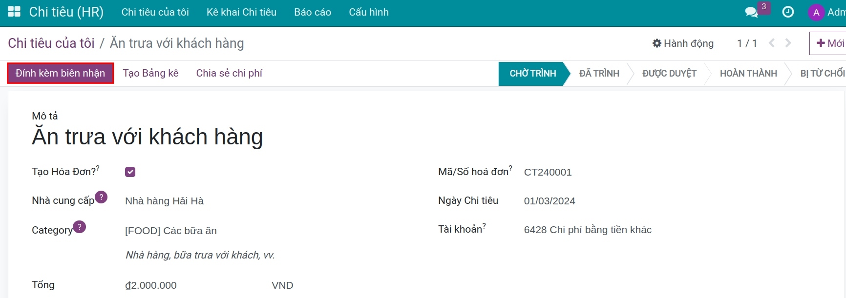 Đính kèm biên nhận trong chi tiêu