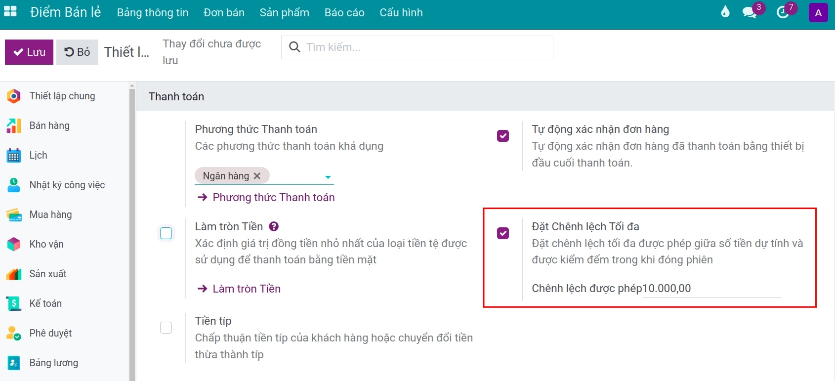 Thiết lập khoản tiền chênh lệch tối đa