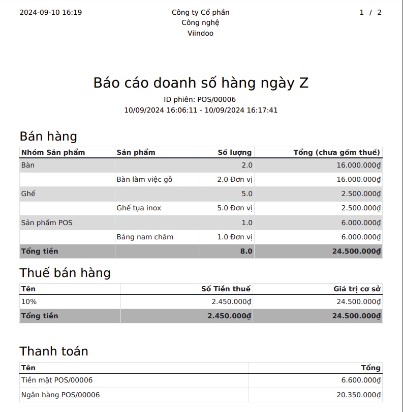 Báo cáo thông tin bán hàng - Viindoo PoS