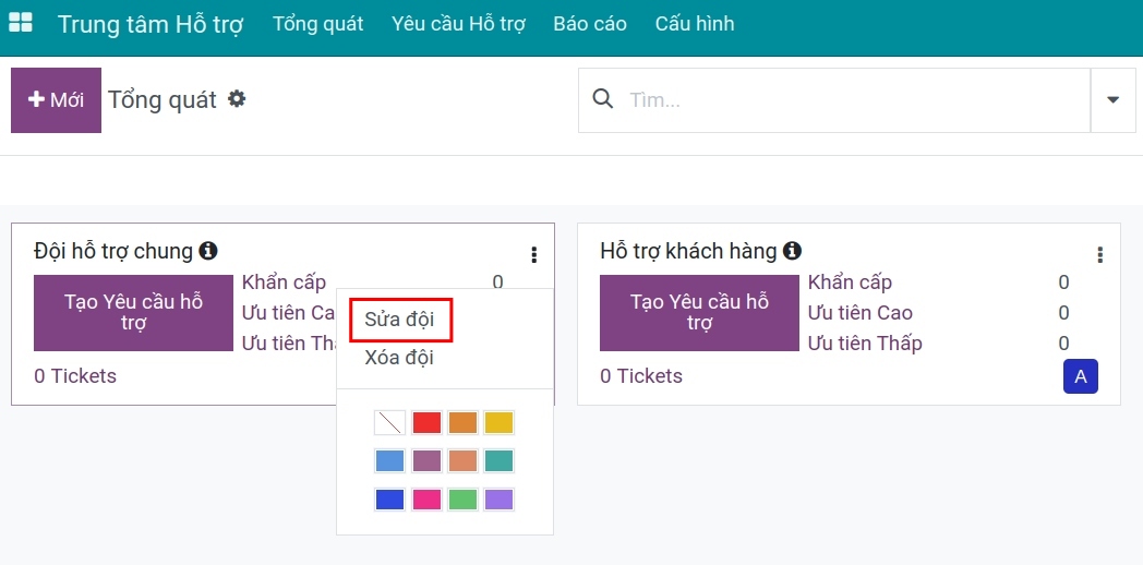 Chỉnh sửa đội hỗ trợ - tại ứng dụng Trung tâm Hỗ trợ Viindoo