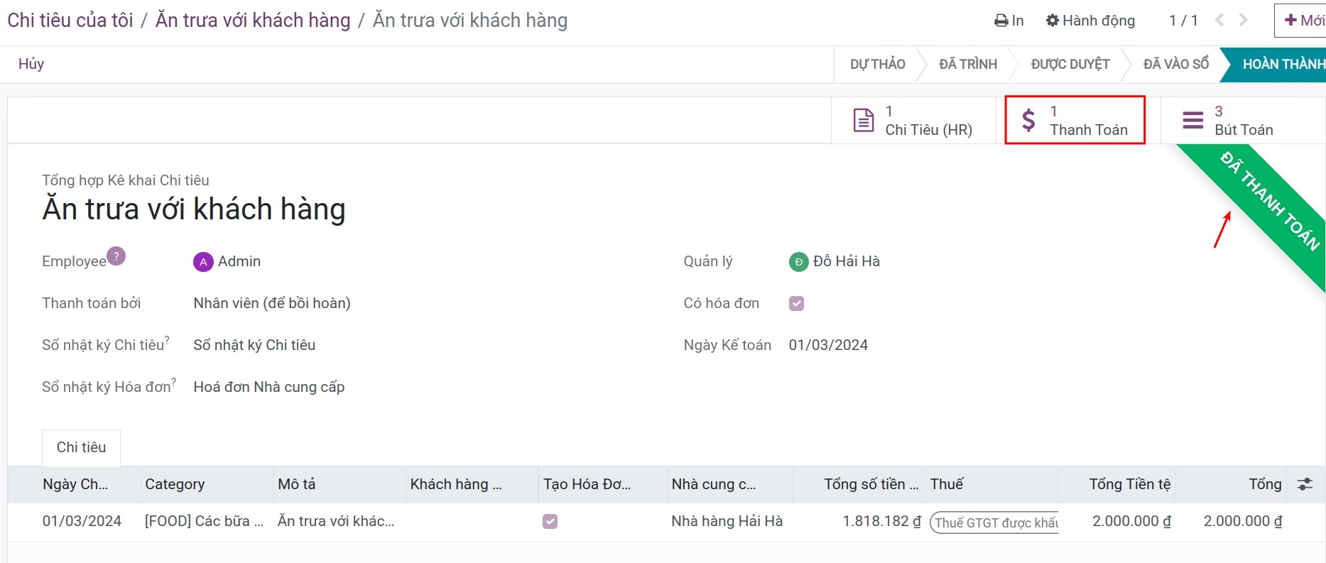 Ghi nhận thanh toán sau khi vào sổ