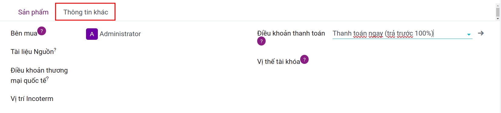 Điền thông tin khác tại yêu cầu mua hàng ERP Viindoo