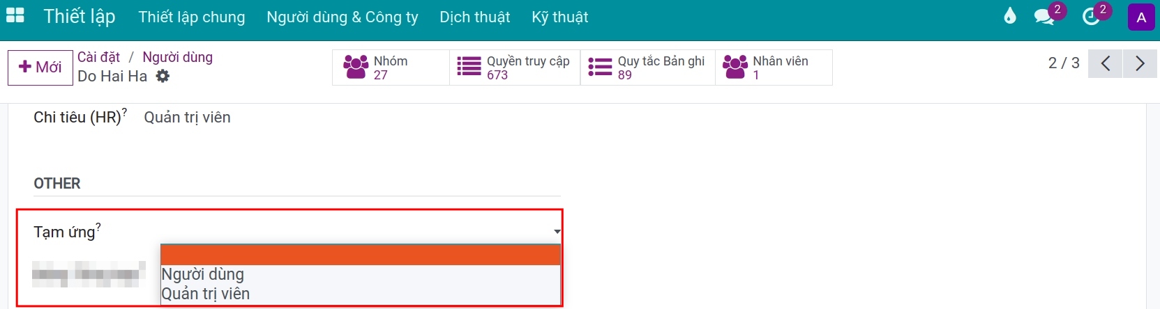 Phân quyền tạm ứng cho người dùng