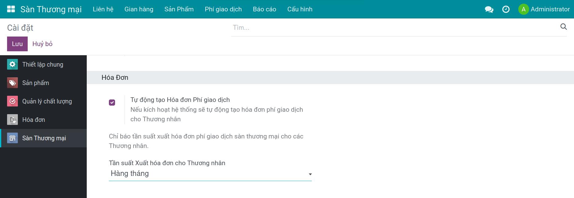 Tự động tạo hóa đơn phí hoa hồng trong ứng dụng sàn thương mại điện tử Viindoo.