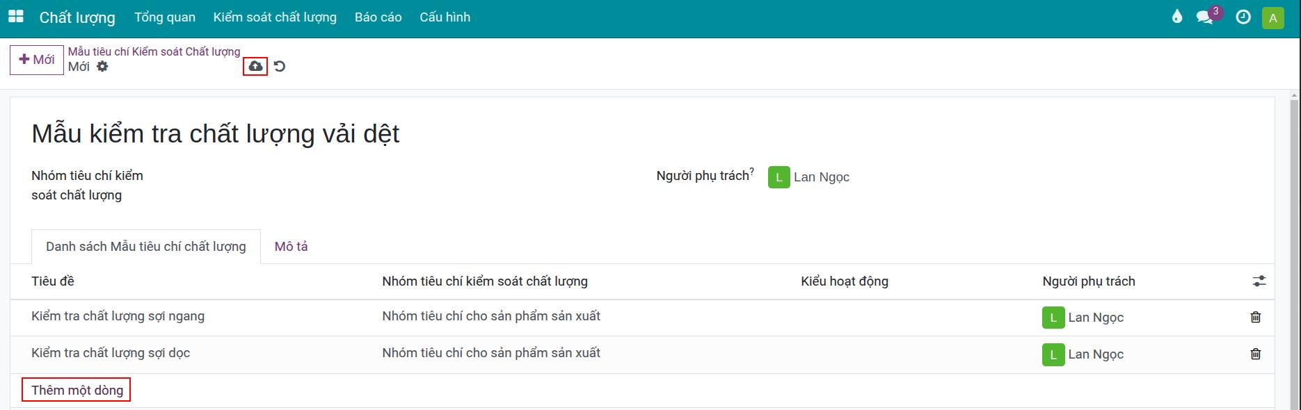 Thông tin mẫu tiêu chí kiểm soát chất lượng Viindoo