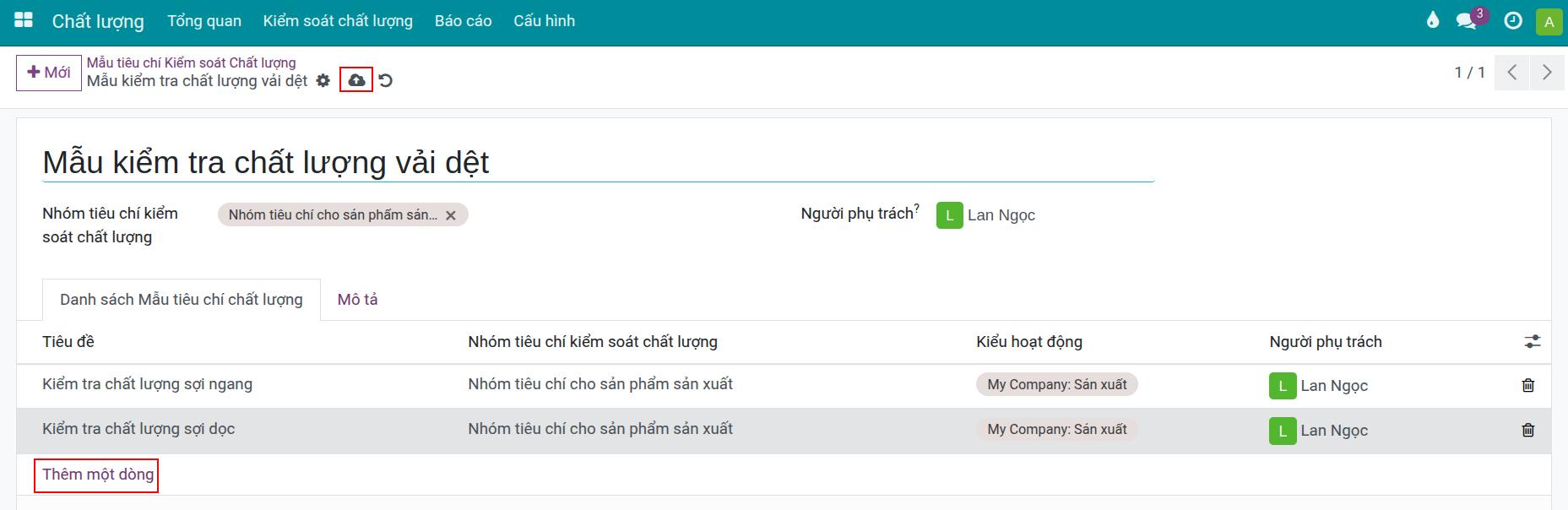 Thông tin mẫu tiêu chí kiểm soát chất lượng Viindoo