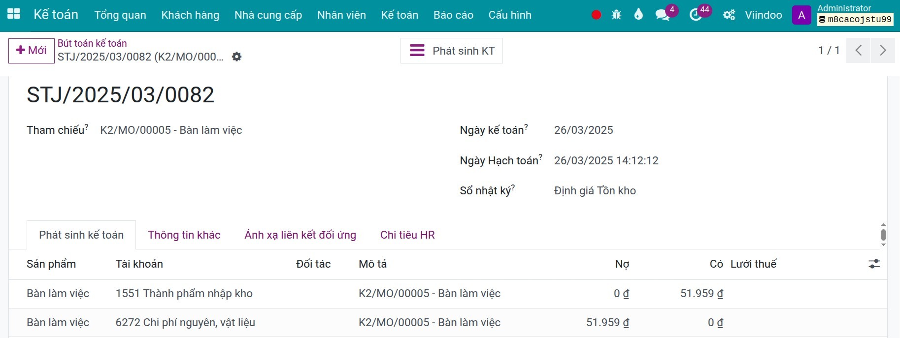 Bút toán Hạch toán Kế toán phế liệu sinh ra trong Viindoo 