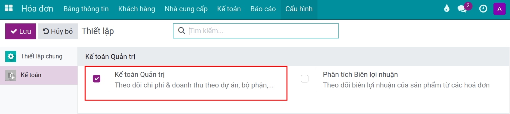 Cấu hình kế toán quản trị Viindoo