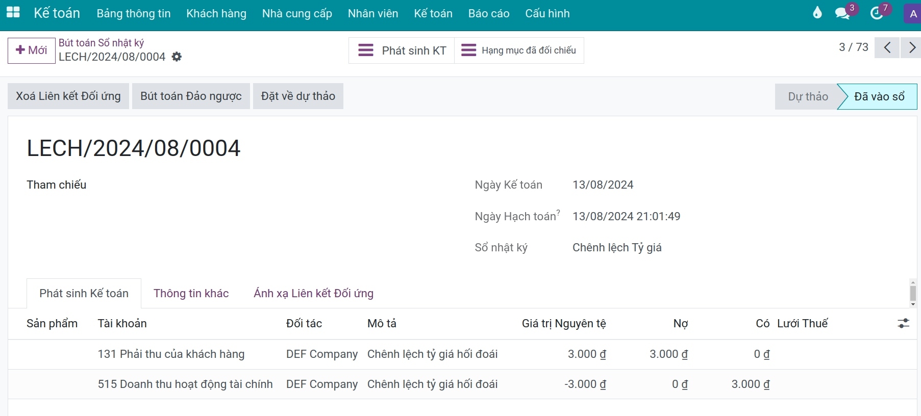 Bút toán chênh lệch sinh ra từ nhận thanh toán tiền Công ty Viindoo