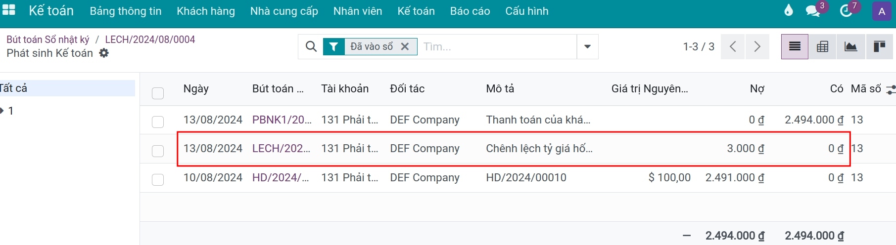 Chi tiết bút toán sinh ra từ nhận thanh toán tiền công ty Viindo