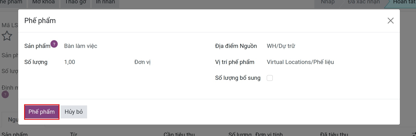 Ghi nhận phế liệu sinh ra trong hoạt động nhập kho Viindoo