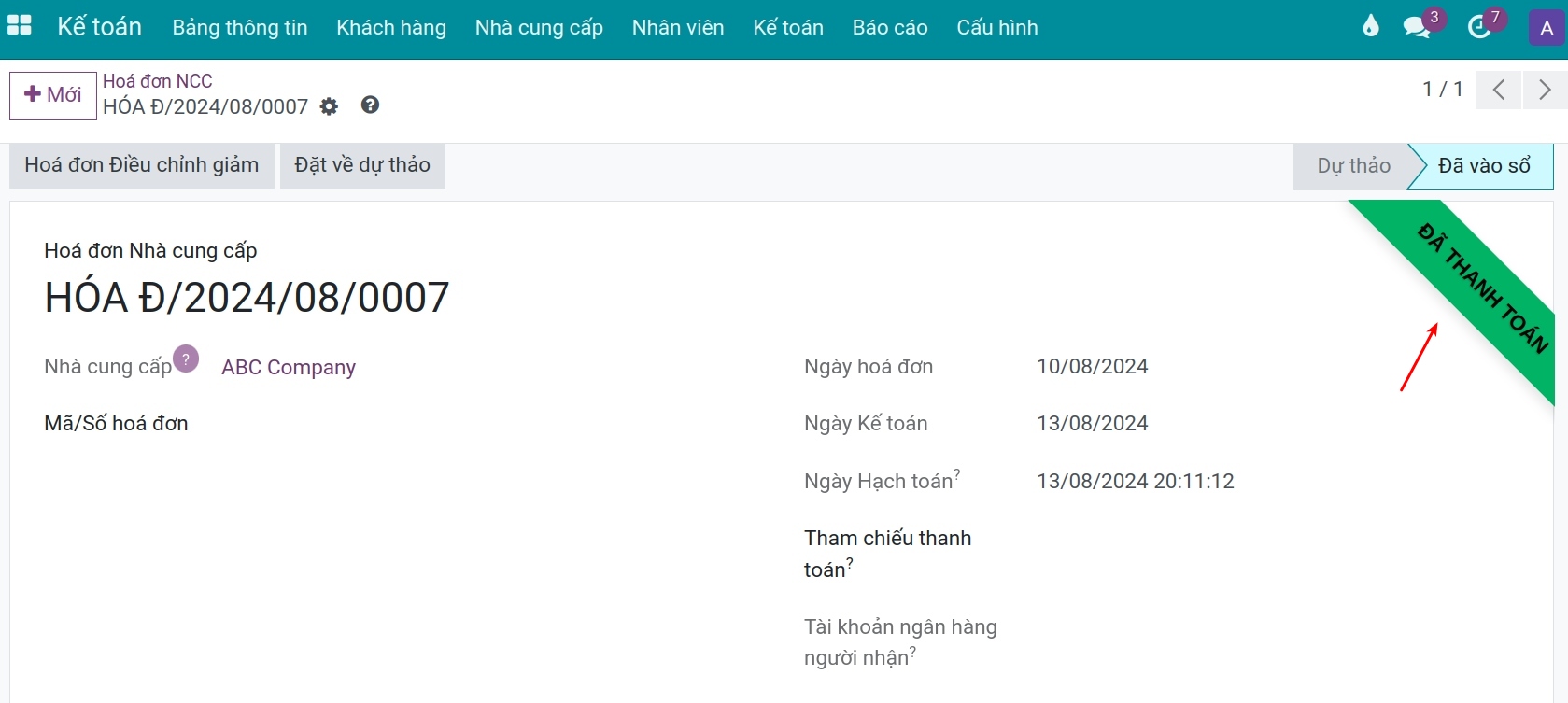 Hóa đơn đã thanh toán bằng tiền tệ Công ty Viindoo