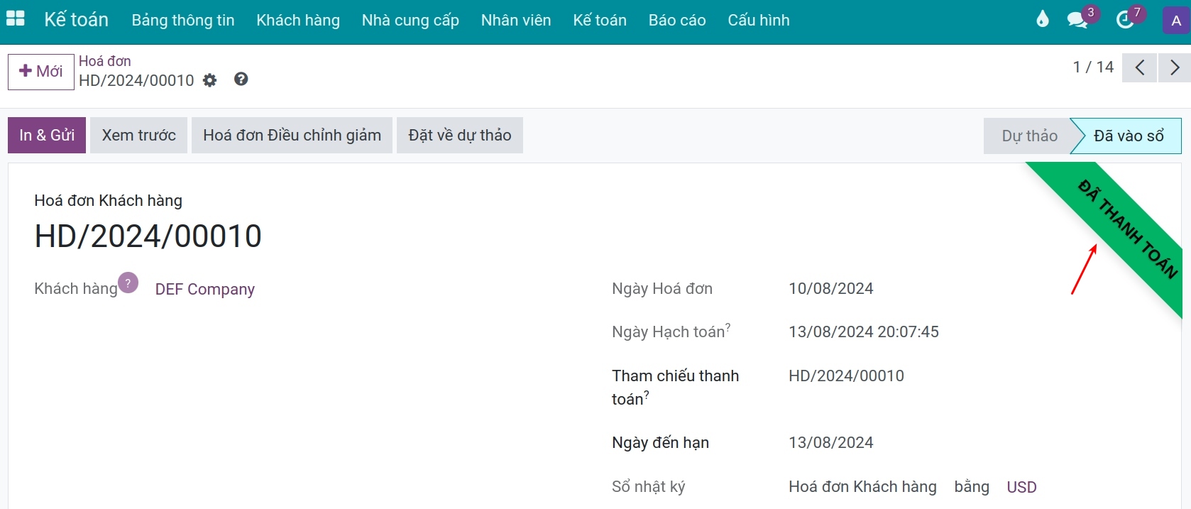 Hóa đơn khách hàng thanh toán vào tài khoản tiền Công ty Viindoo