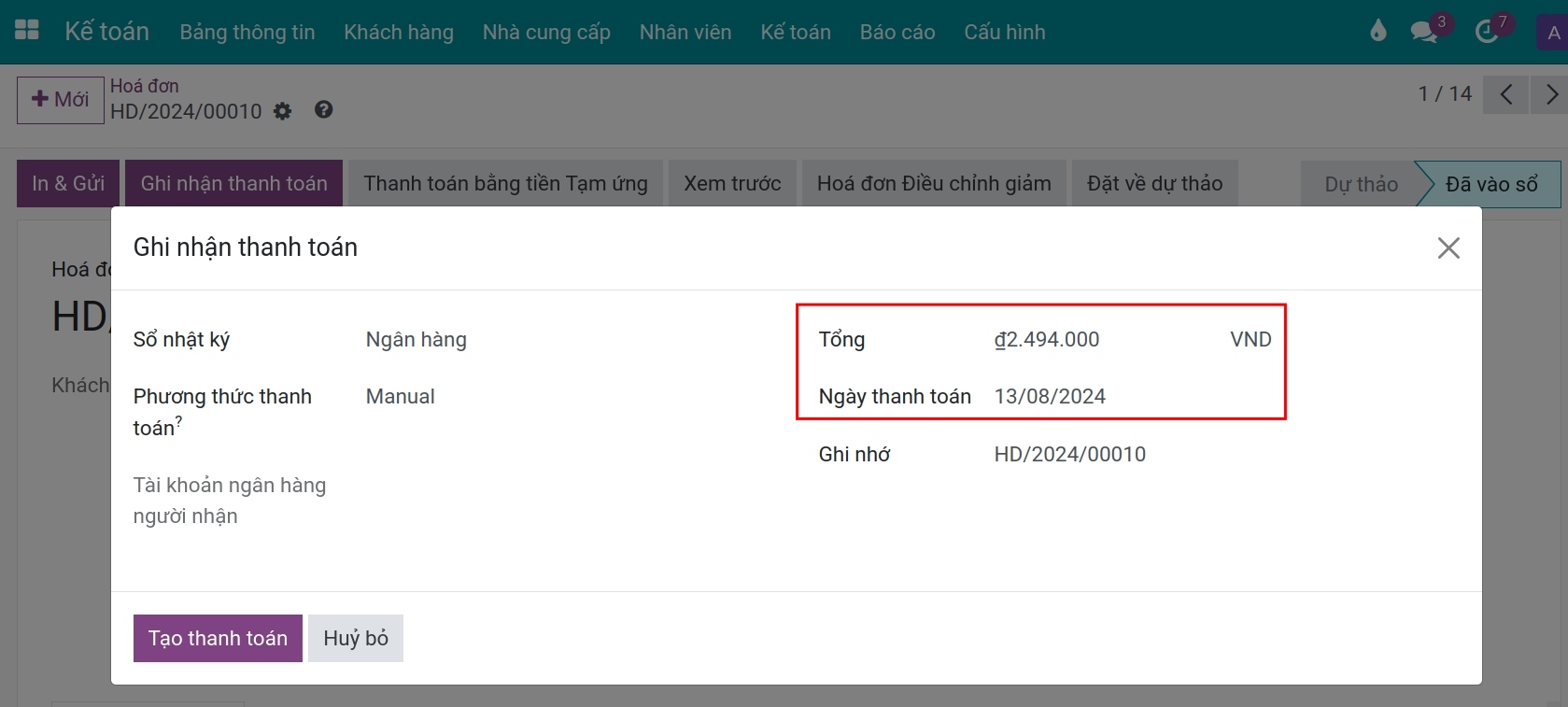 Khách hàng thanh toán vào tài khoản tiền Công ty Viindoo