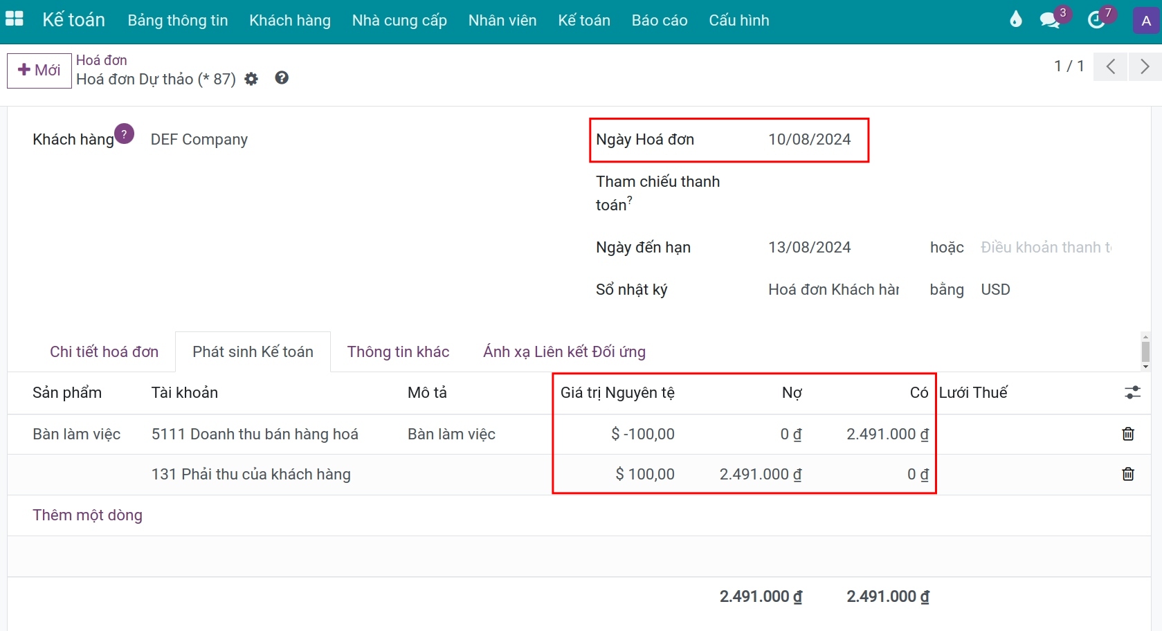 Quy đổi tỷ giá trên hóa đơn khách hàng Viindoo 