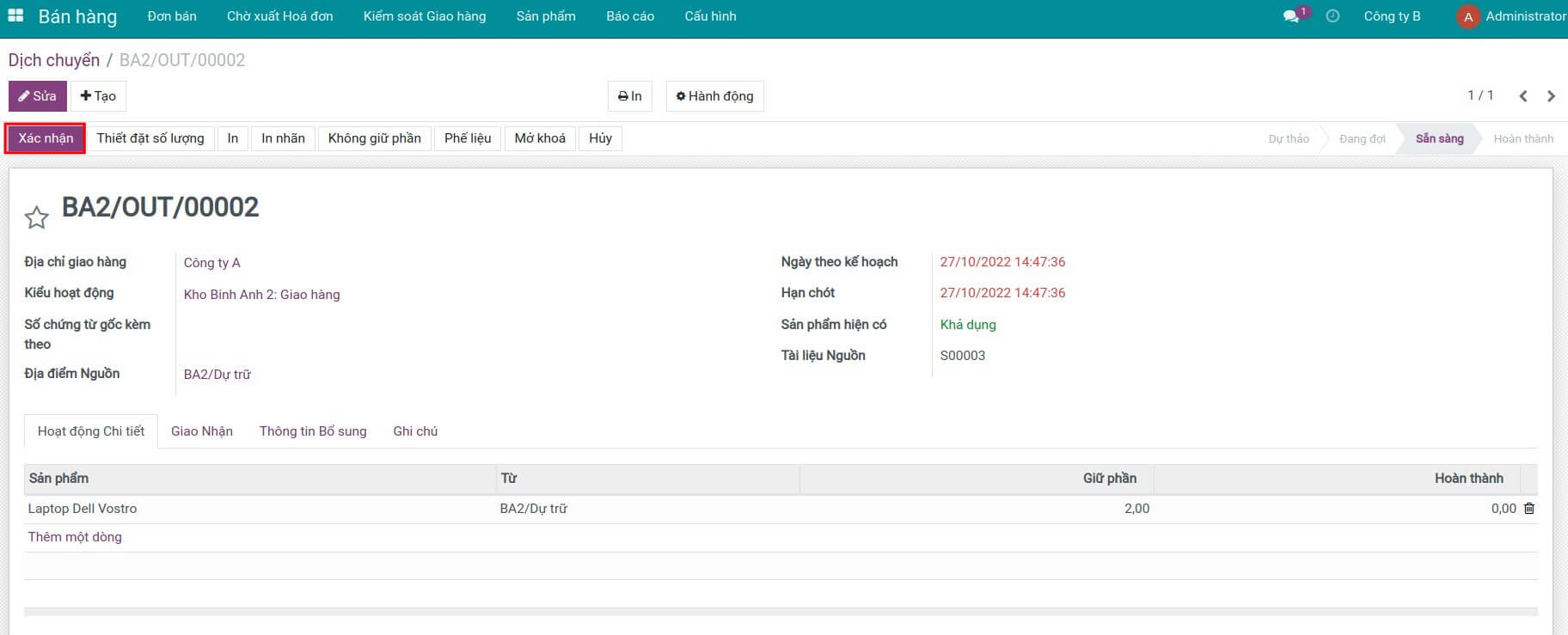 Xác nhận phiếu giao hàng trên Phần mềm quản lý Kho & Chuỗi cung ứng Viindoo