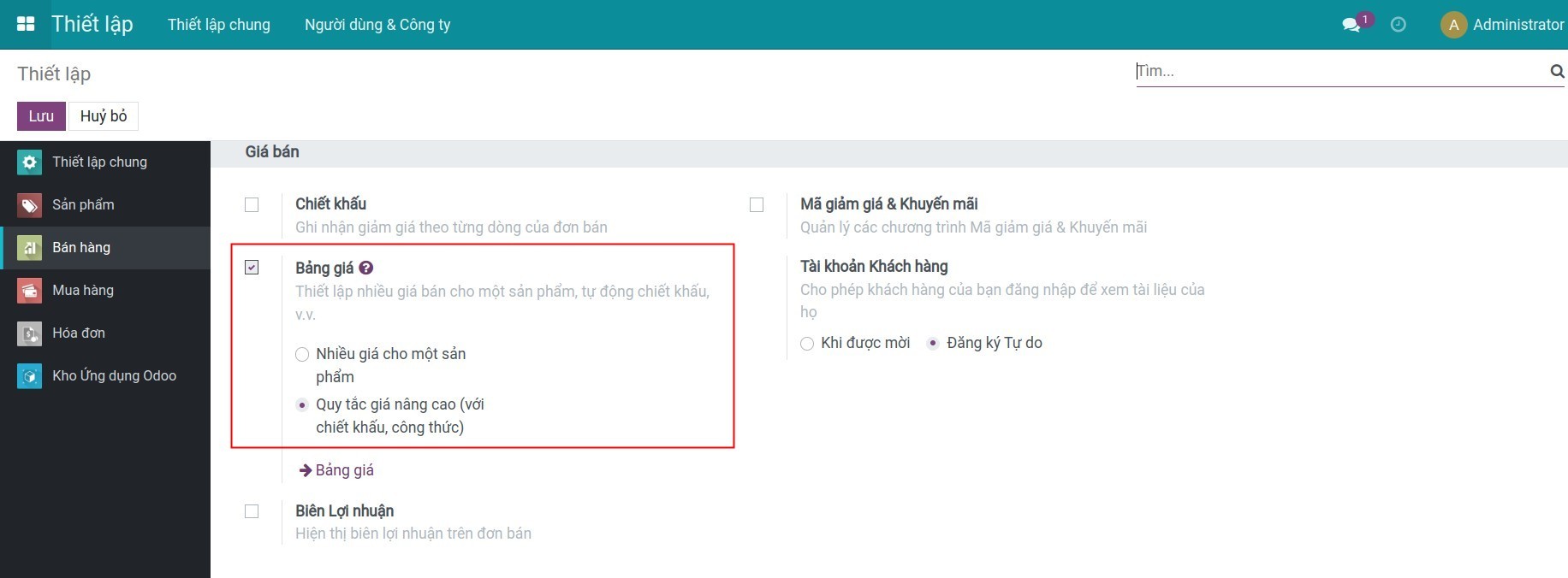 Kích hoạt Bảng giá trong hệ thống Viindoo