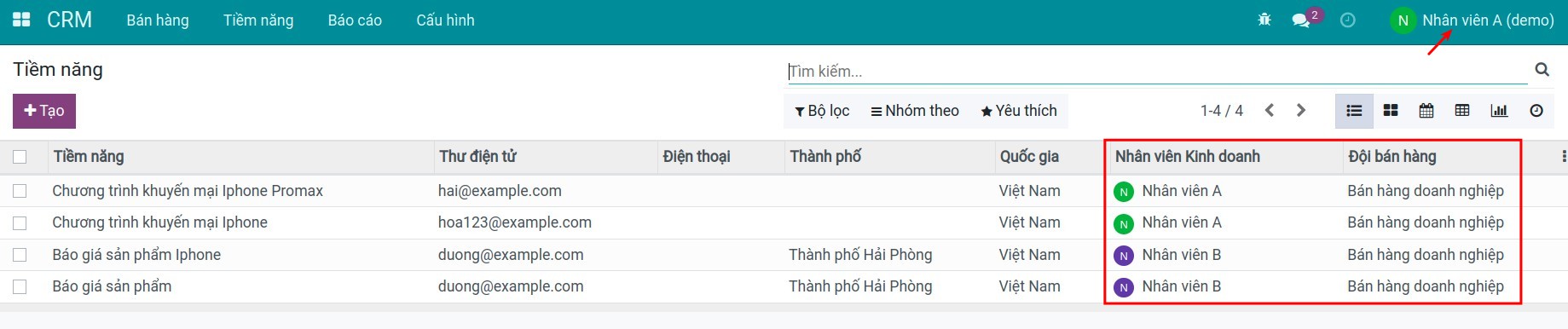 Quyền trưởng đội bán hàng - ứng dụng CRM Viindoo