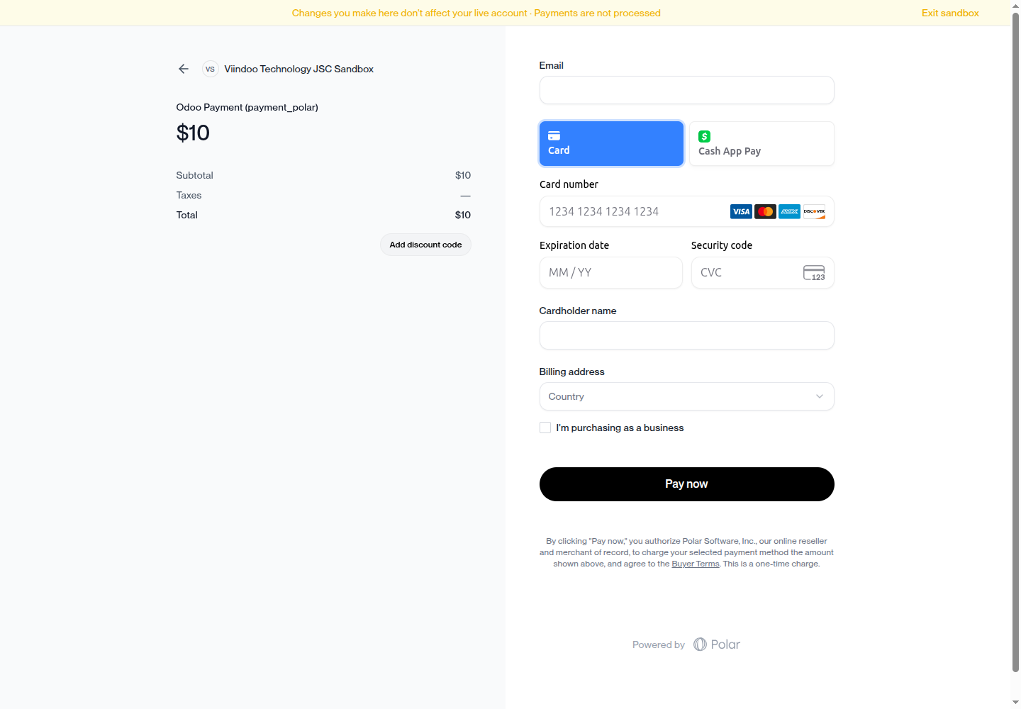 Trang checkout do chính Polar lưu trữ, nơi người mua nhập thông tin thẻ