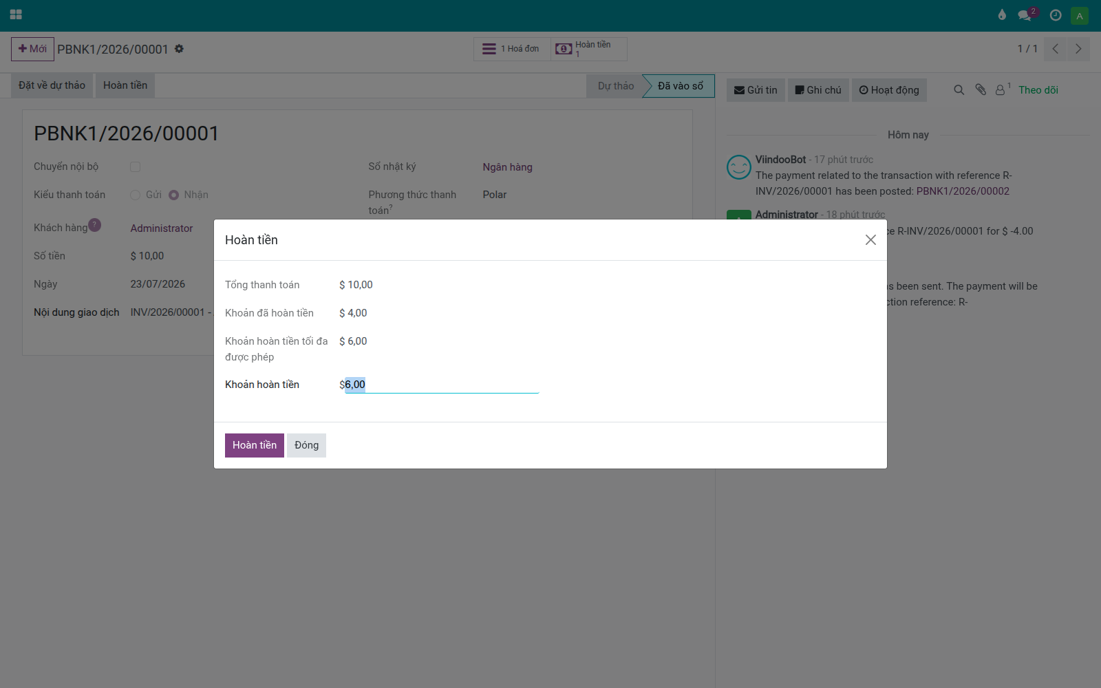 Thực hiện hoàn tiền một khoản thanh toán Polar đã tất toán từ nút hoàn tiền tiêu chuẩn của Odoo
