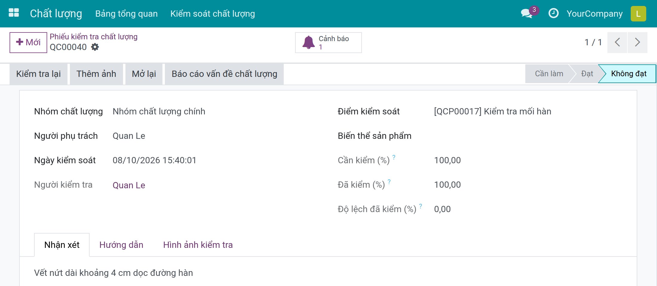 Phiếu không đạt trên màn hình Người dùng chất lượng với Kiểm tra lại, Thêm ảnh, Mở lại và Báo cáo vấn đề chất lượng