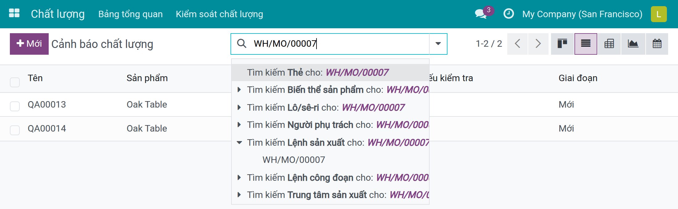 Các cảnh báo chất lượng của một lệnh sản xuất, ở giai đoạn Mới